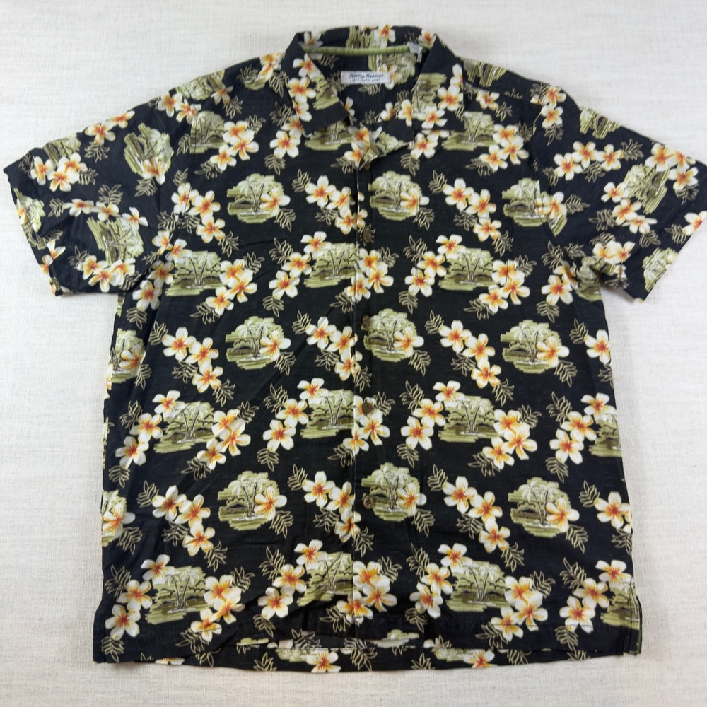 Tommy Bahama The Coconut Point Mens Large Black Tropical Floral Palm Camp Shirt